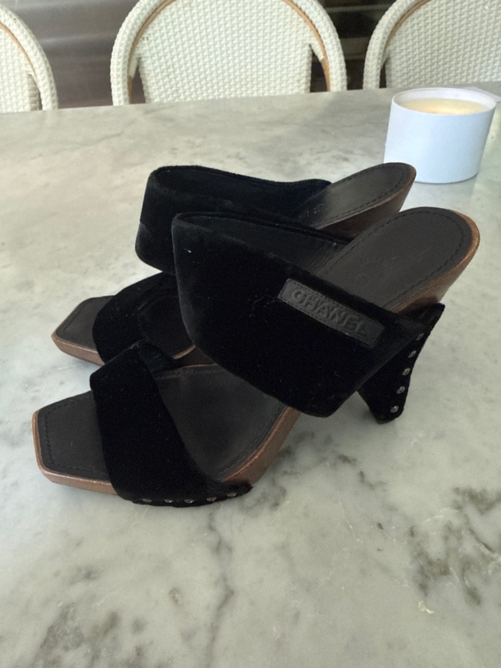 CHANEL Vintage Black Velvet Studded Mule Heels Size 38